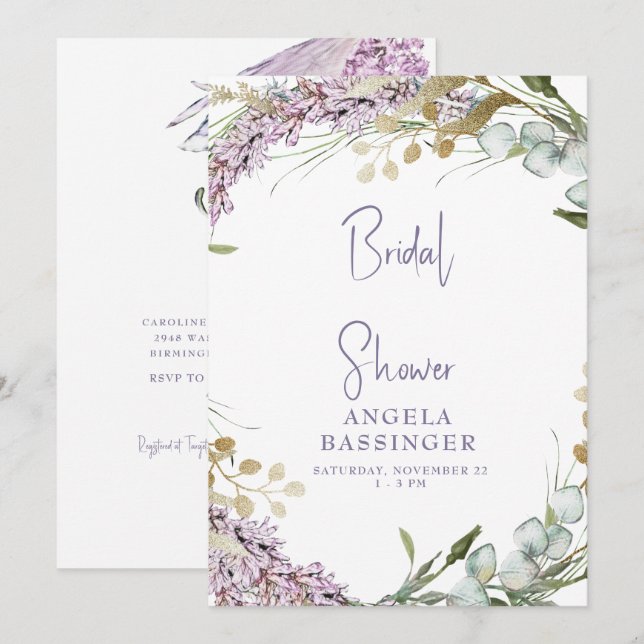 Elegantes Brautparty Watercolor Lavendel Einladung (Vorne/Hinten)