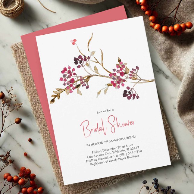 Elegantes Brautparty Weihnachts-Party Einladung (Rustic bridal shower invitations watercolor red berries and botanicals)