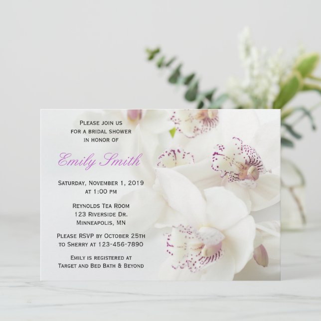 Elegantes Brautparty "White & Lila Orchids" Einladung (Stehend Vorderseite)