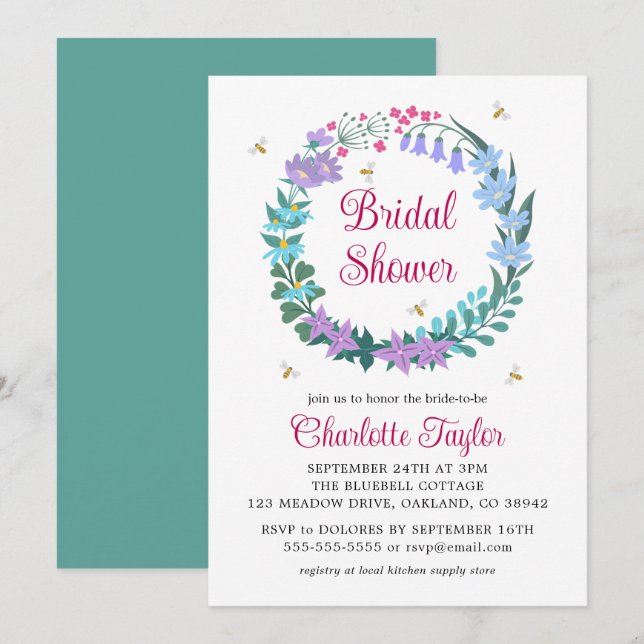 Elegantes Brautparty Wildblumen Garland Einladung (Vorne/Hinten)