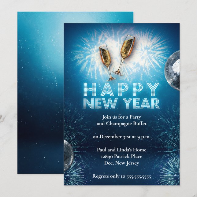 Elegantes Bright Blue Silvester Party Einladung (Vorne/Hinten)