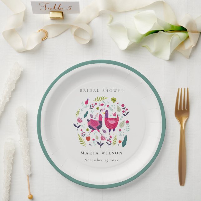 Elegantes Bright Folk Farm Floral Bird Brautparty Pappteller (Hochzeit)