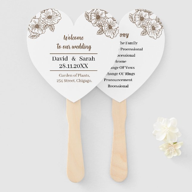 Elegantes Brown Blume Personalisiert Hochzeitsprog Fächer (Vorne und Hinten)