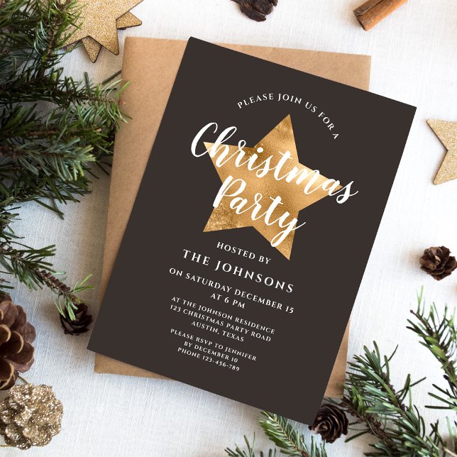 Elegantes Brown Gold Star Weihnachts-Party Einladung (Elegant Brown Gold Star Christmas Party Invitation)