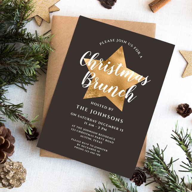 Elegantes Brown Gold Star Weihnachtsfest Einladung (Elegant Brown Gold Star Christmas Brunch Invitation)