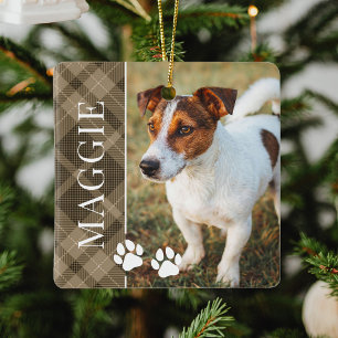 Elegantes Brown Kariert Pet Name und Foto Keramikornament