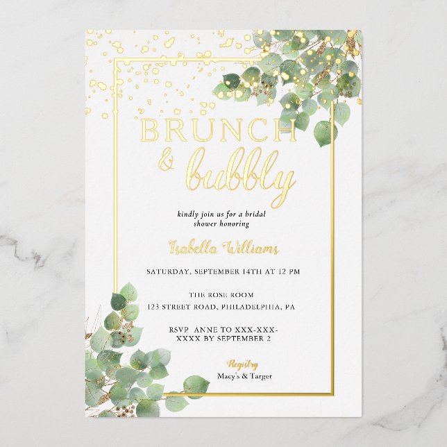 Elegantes Brunch & Bubbly Greenery Brautparty Folieneinladung (Vorderseite)