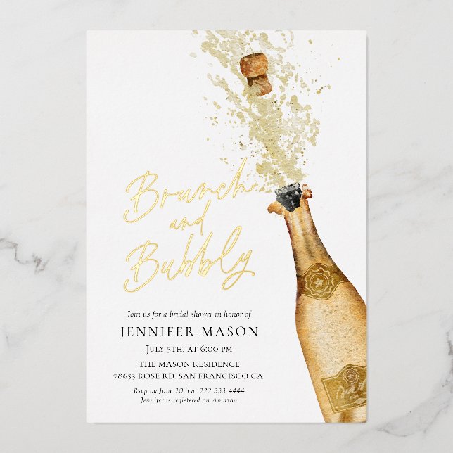 Elegantes Brunch und Bubbly Champagne Brautparty Folieneinladung (Vorderseite)