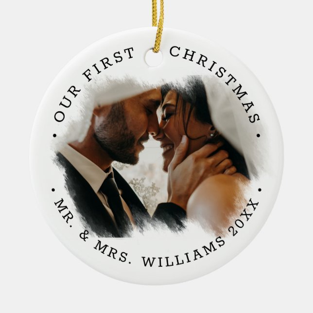 Elegantes Brushstroke Overlay-Foto | Herr & Mrs. Keramik Ornament (Vorne)