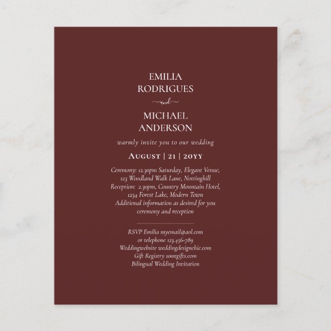 Elegantes BUDGET Burgund Monochrome Hochzeit Einfa Flyer (Vorne)