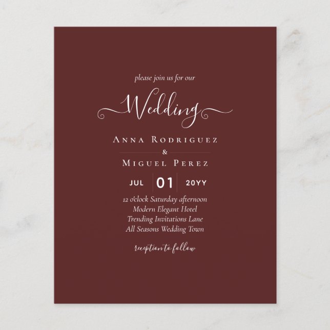 Elegantes BUDGET Burgund Monochrome Hochzeit Einfa Flyer (Vorne)