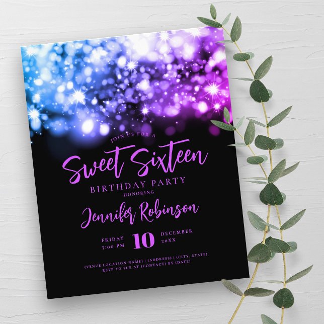 Elegantes Budget Lila Blue Spark Sweet 16 Einladun Flyer (Elegant Budget Purple Blue Spark Sweet 16 Invite Flyer)