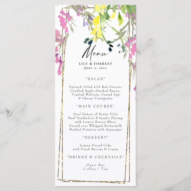 Elegantes buntes Wildblume Menu & Toasts Menükarte (Vorderseite)