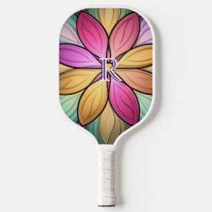 Elegantes Buntglas-Blumen-Monogramm in Mehrfarbig Pickleball Schläger