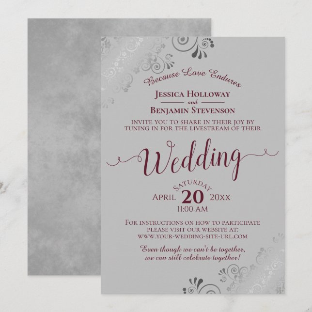 Elegantes Burgund auf Gray Wedding Livestream Einladung (Vorne/Hinten)