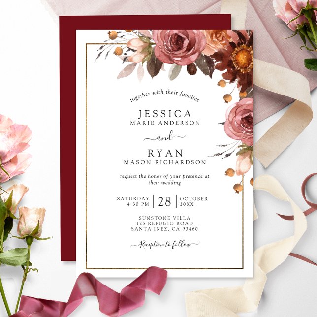 Elegantes Burgund, Blush, Honig-Blumenhochzeit Einladung (Von Creator hochgeladen)