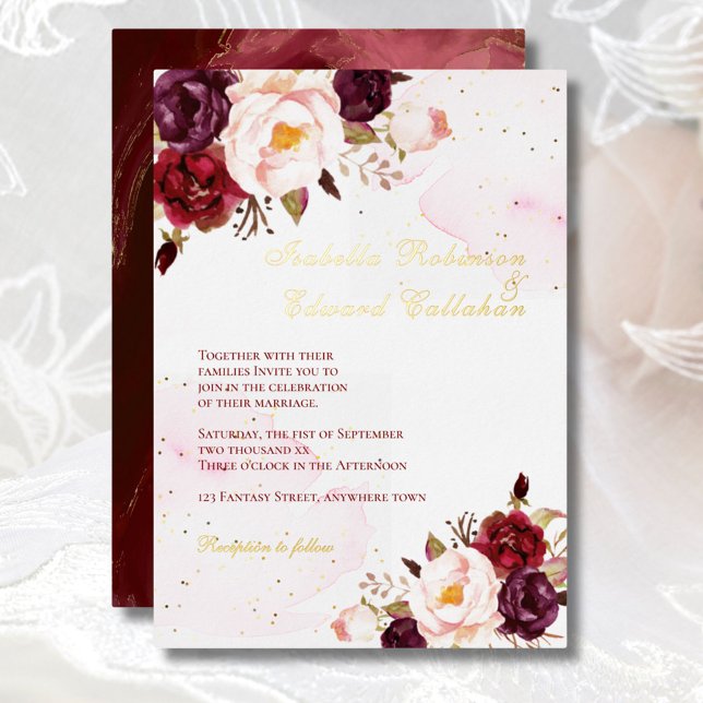 Elegantes Burgund & Blush Rose Hochzeitsgolden Folieneinladung (Von Creator hochgeladen)