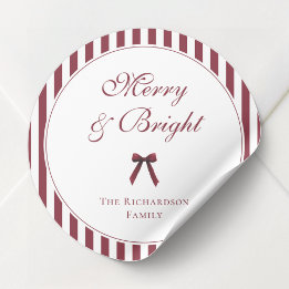 Elegantes Burgund-Bogen-Script gestreifte Weihnach Runder Aufkleber