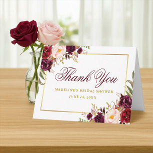Elegantes Burgund Floral Gold Brautparty Hinweis Dankeskarte