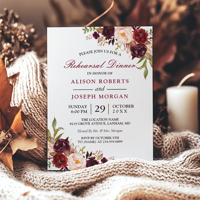 Elegantes Burgund Floral Hochzeit Probe Dinner Einladung (Von Creator hochgeladen)