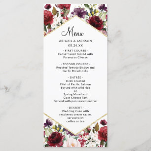 Elegantes Burgund Floral Hochzeitsdinner Menükarte