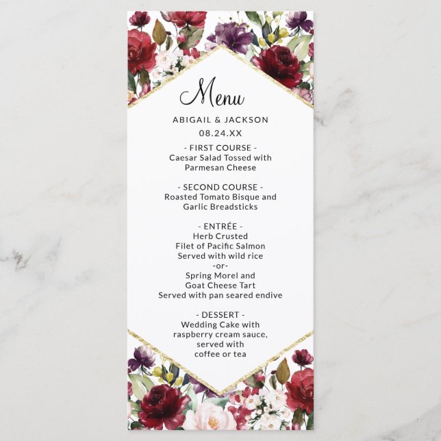 Elegantes Burgund Floral Hochzeitsdinner Menükarte (Vorderseite)