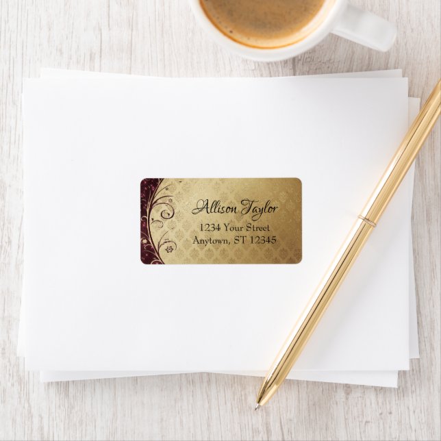 Elegantes Burgund-Gold-Damaskus-Label Adressaufkleber (Insitu)
