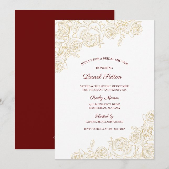 Elegantes Burgund & Golden Rose Brautparty Einladung (Vorne/Hinten)