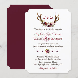 Elegantes Burgund-Marsala-Floral-Geweih-Hochzeit Einladung