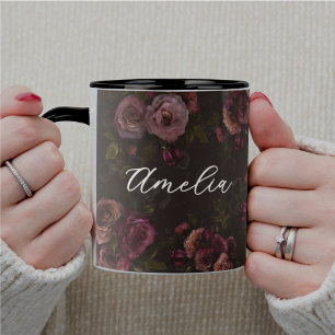 Elegantes Burgund-rot Dunkles Rosa Blumenmuster Tasse