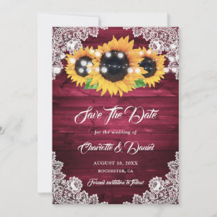 Elegantes Burgund-Rot Rustikales Holz Spitzen Sonn Save The Date