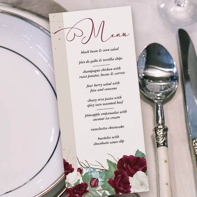 Elegantes Burgund und Elfenbeinküste Rose Menükarte (Menu with burgundy red and ivory roses and elegant calligraphy)