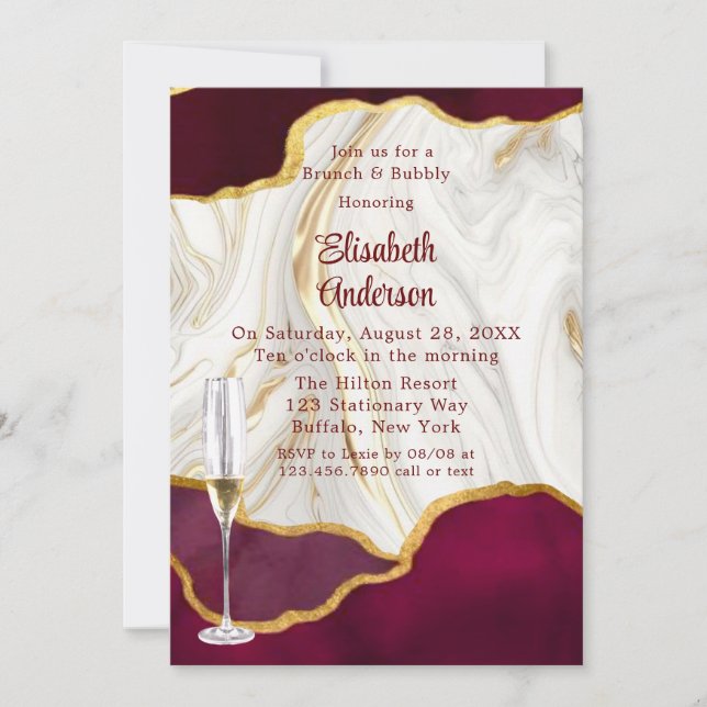 Elegantes Burgund und Gold Agate Brunch & Bubbly Einladung (Vorderseite)