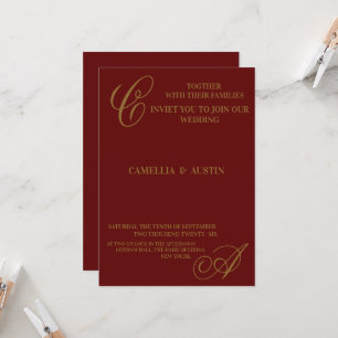 Elegantes Burgund und Goldfolien-Monogramm  Einladung