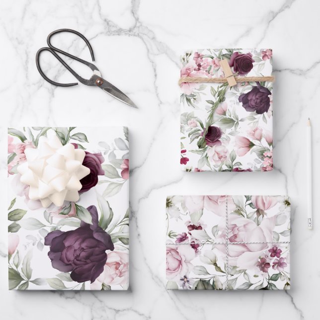 Elegantes Burgund und rosa Wasserfarbe Botanisch Geschenkpapier Set (Vorderseite)