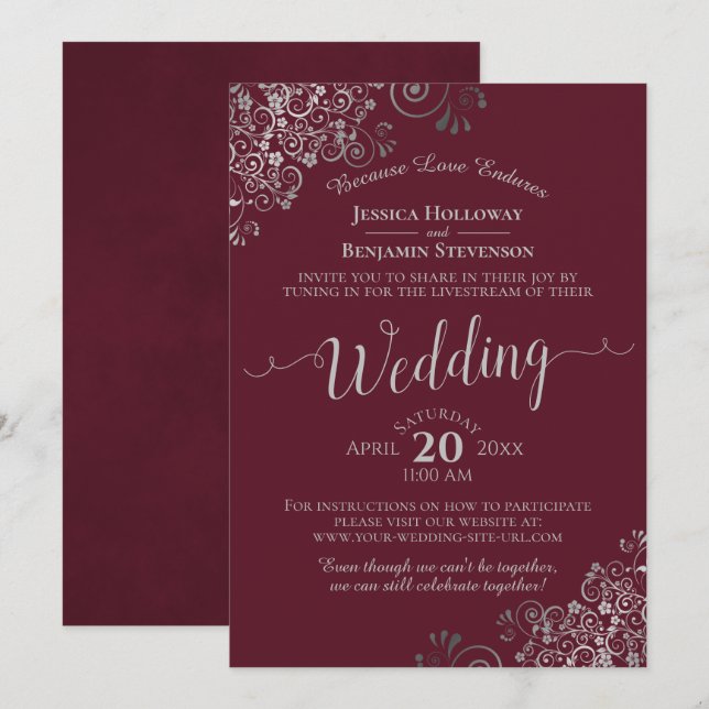 Elegantes Burgund und Silberhochzeit Livestream Einladung (Vorne/Hinten)