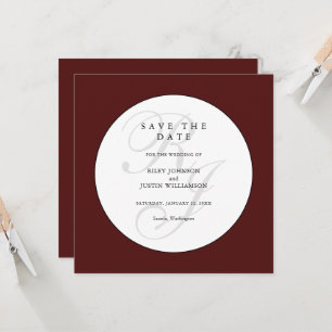 Elegantes Burgund und Weiß Monogramm 'Save the Dat