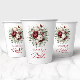 Elegantes Burgunder Blumen Gold Brautparty Papier Pappbecher
