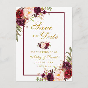 Elegantes Burgunder-Blumen-Gold Save-the-Date Ankündigungspostkarte