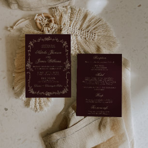Elegantes Burgunder Blumen- Old-Money-All-In-One-H Einladung