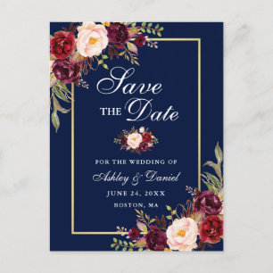 Elegantes Burgunder-Blumen- Save the Date Gold Bla Ankündigungspostkarte