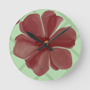 Elegantes Burgunder Blumen- und Salbeigrün Gitterm Runde Wanduhr