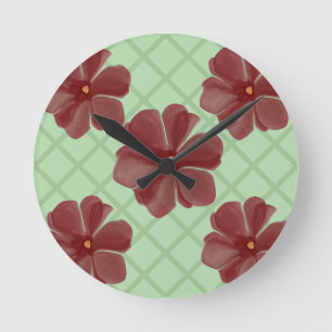Elegantes Burgunder Blumen- und Salbeigrünes Gitte Runde Wanduhr
