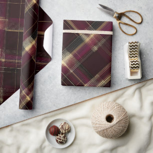 Elegantes Burgunder Gold Royal-Wein Karomuster Geschenkpapier
