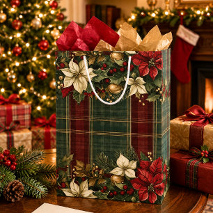 Elegantes Burgunder-Karo- und Weihnachtsstern-Weih Mittlere Geschenktüte