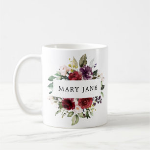 Elegantes Burgunder-Rosé-Wasserfarben-Blumen-Name Kaffeetasse