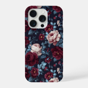 Elegantes Burgunder-Rosen-Marineblau-Blumenmuster iPhone 15 Pro Hülle