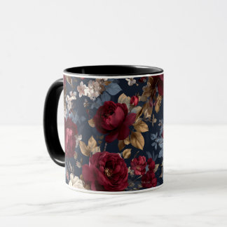 Elegantes Burgunder-Rosen-Marineblau-Blumenmuster Tasse