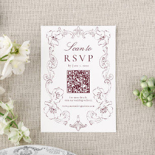 Elegantes Burgunder-Rot Verzierte Blumen QR-Code H RSVP Karte