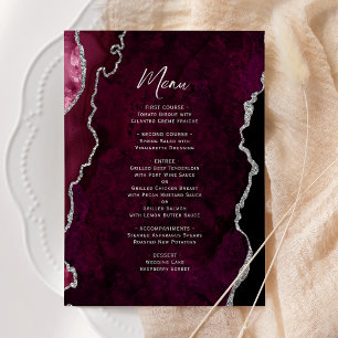 Elegantes Burgunder Silber Achat Hochzeitsmenü Menükarte